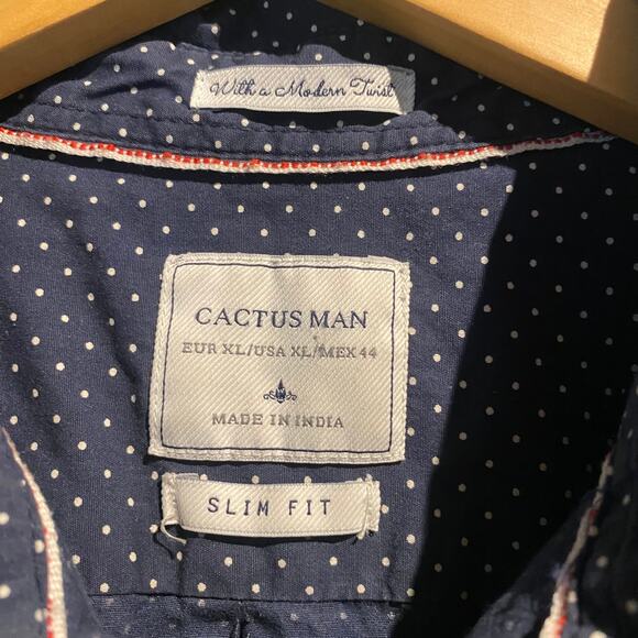 Cactus Man Size XL Shirt Navy White Polka Dot Slim Modern Fit 100% Cotton - Picture 3 of 5